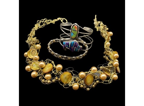 Unique Gold Color Beaded Necklace, Plus (3) Beautiful Bracelets