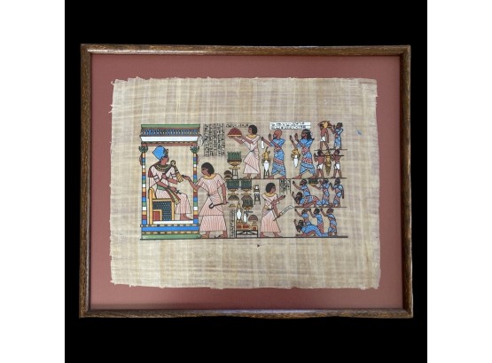 Incredible Hand Painted Egyptian Art On Straw Paper, Framed With Glass