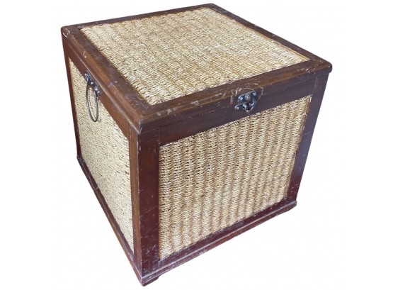 Wicker And Wooden Storage Chest, 17 X 17 X 17 Inches