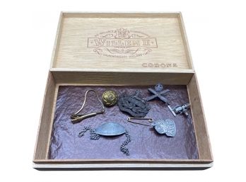 Cigar Box With Various Antique Jewelry Pins, Tie Clips And More From Around The World