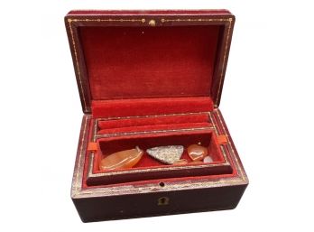 Red Velvet Antique Jewelry Box With Various Rocks And Pendants Inside