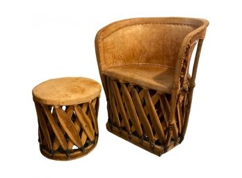 Unique Organic Materials Chair With Matching Stool / Ottoman. Made From Trees, Rawhide, And More