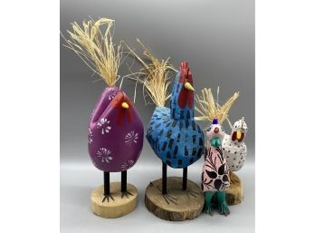 Hand Painted Wooden Chicken Figurines With Straw Feather Tails