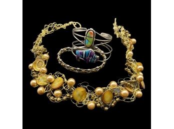 Unique Gold Color Beaded Necklace, Plus (3) Beautiful Bracelets