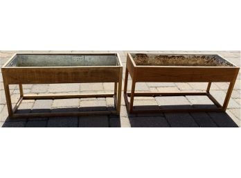 Pair Of Unique Wooden Flower Beds With Galvanized Metal Interior