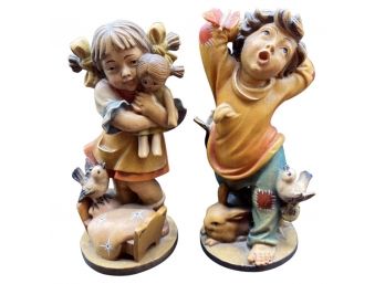 Pair Of Wooden Figurines Of Young Children, No Artist Signature Or Stamp