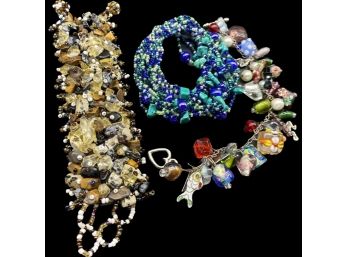 (3) Unique Statement Bracelets, Including Charm Bracelet With Glass Beads!