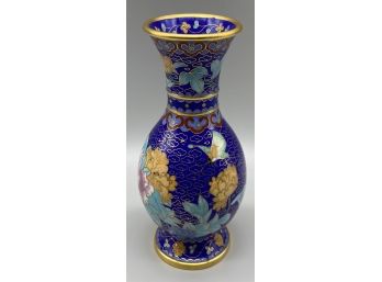 6 In. Vintage Blue Vase, Asian Inspired Detail With Blue Lacquer On The Inside