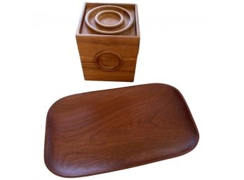 Dark Wood Tray, Plus Wooden Cube Storage Container By DANSK Denmark