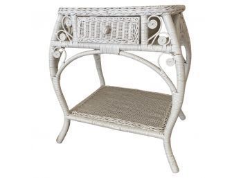 White Wicker Country Style Side Table With Single Drawer