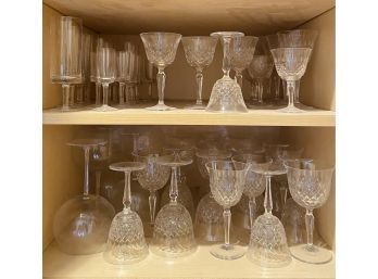Two Shelves Full Of Wine Glasses! Various Styles And Sizes