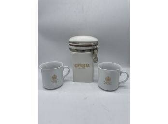 Gevalia Kaffe Ceramic Canister And Matching Mugs