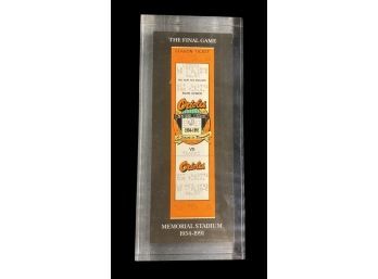 The Final Ticket, Memorial Stadium 1954-1991 Orioles V. Tigers Ticket In 4 X 8 In. Hard Case