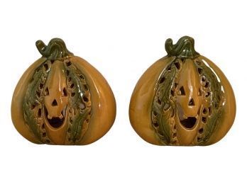(2) Large Ceramic Pumpkin Handle Votives From Home Goods