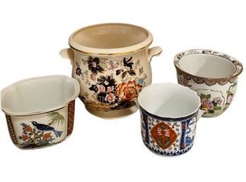 (4) Beautiful Asian Inspired Hand Painted Planters / Pots, Various Sizes