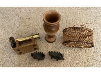 Kaleidoscope, Basket, Wooden Vase And Metal Hedgehog Dishes