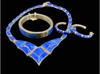 Marbled Blue Color Jewelry Set Including Necklace, Bracelet, And Pair Of Hoop Earrings