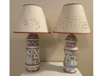 Beautifully Painted Matching Lamps Made In Portugal, 21 Inches High