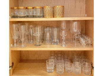 Cabinet Of Unique Glassware: Copper Rim Whiskey Glasses, Crystalline Wine Glasses, Victorian Cut Glasses, More