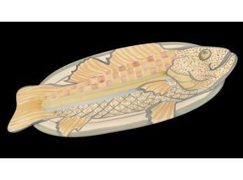 24 In. Hand Painted Clay Serving Tray, Fish Design. Artist Unknown