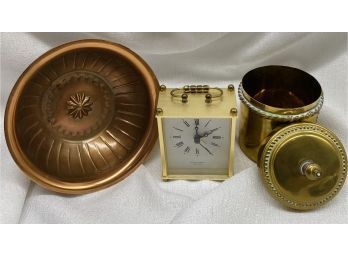 Quartz Alarm Clock Made In Hong Kong, Plus Small Brass Container And Bowl