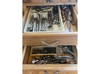 Miscellaneous Variety Of Silverware! Plenty Of Knives, Forks, Spoons, Empty Spice Jars And More!