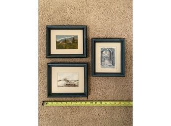 Matching  Threesome Of Beautiful Small Paintings With Blue Wooden Frames