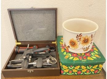 Collection Of Vintage Accessories: Wood Wine Tool Kit, Hand Painted Ceramic Pot, Tin Box