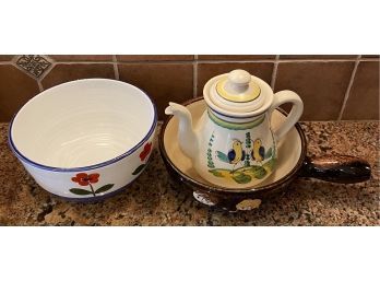 (3) Serving Essentials. Teapot And Flower Bowl Made In Italy