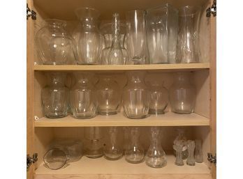 Cabinet Full Of Glassware: Vases And More! All Pictured Included