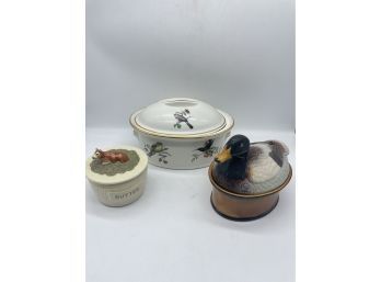 Array Of Serving Bowls With Lids. Bird Designs, Duck Lid And Butter Jar