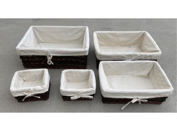 Five Shallow Wicker Baskets With Canvas Liners, 21 X 16