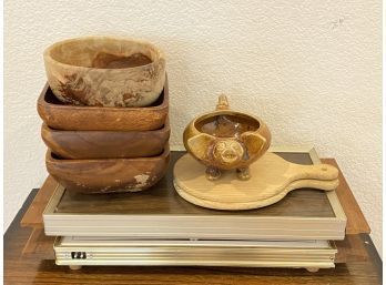 Set Of Vintage Wood Bowls, Cutting Boards, Ceramic Pig Shaped Bowl, Hot Plates (missing Cords)