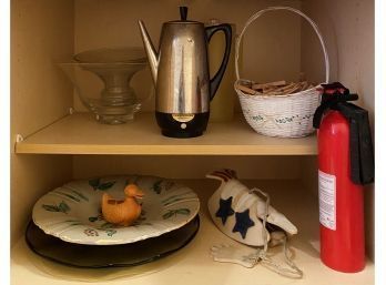 ENTIRE CABINET: Farberware Pitcher, Serving Bowls And Platters, Basket Of Clothes Pins And More