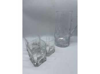 Beautiful Glass Pitcher With Three Glasses