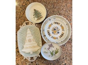 Pie And Tart Baking Dishes, Plus (2) Beautiful Christmas Serving Dishes