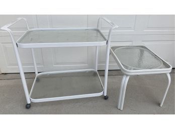 Rolling Glass  Top 2 Level Shelf And Matching Side Table, 31 X 21 X 27 And 25 By