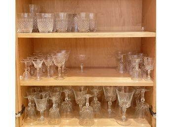 Cabinet Of Vintage Glassware: Cambridge Glasses, Bourbon Glasses, Crystalline Wine Glasses And More