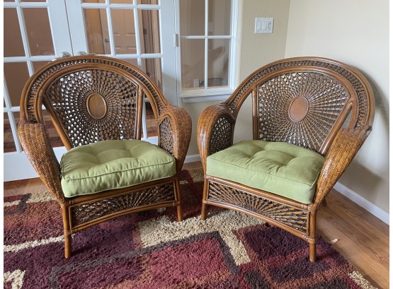 Pair Of Peacock Wicker Rattan Bent Bamboo Lounge Arm Chairs.