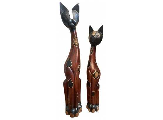 Pair Of Hand Carved Textured Cat Statues