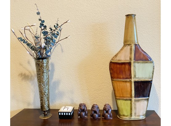 Collection Of Vintage Decor: Tile Style Vase, Decorative Vase With Faux Plants, Jewelry Box, Wax Monkey Candle