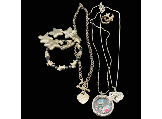 Silver Color Jewelry Collection: (3) Necklaces (2) Bracelets And A Pair Of Small Hoop Earrings
