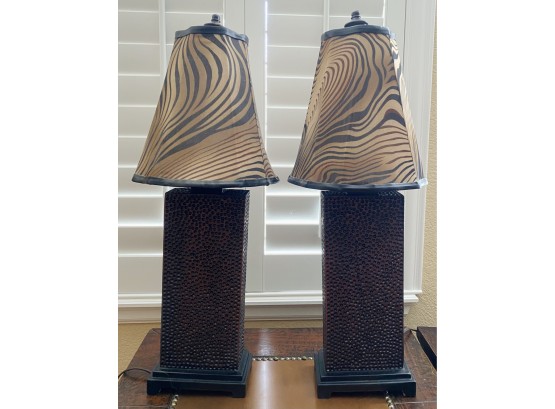 Pair Of Table Lamps With Zebra Print Lamp Shade. Stands 27 Inches Each