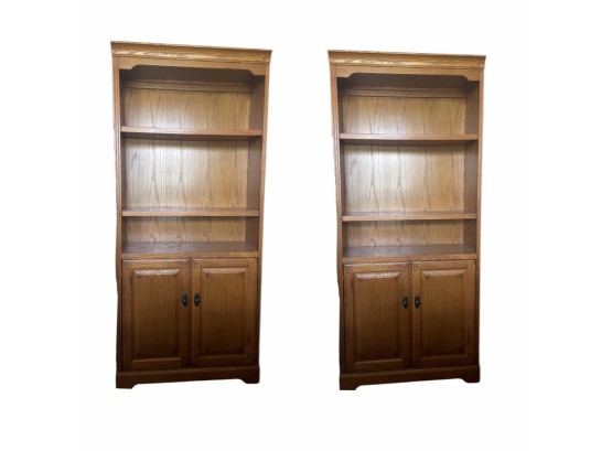 Pair Of Lovely Golden Oak Wooden Bookcases With Two Door Cabinet Space