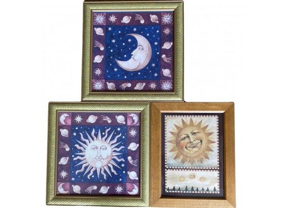 (3) Sun And Moon Framed Pictures With Glass, Various Sizes