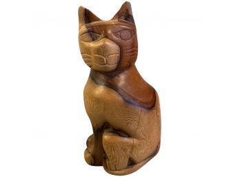 Made In Jamaica, Small Wooden Statue Of Cat. Stands 10 Inches