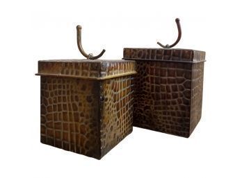 Pair Of Metal Boxes With Lid. Has Alligator Skin Design
