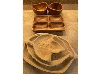 Clay Art Hand Painted Wooden Leaf Serving Platters & Hand Carved Square Divided Dish With Two Bowls