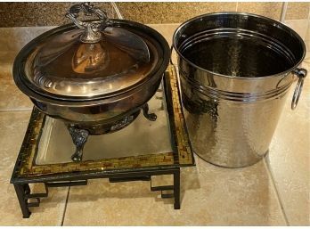 Ice Bucket, Plus Silver Plate Serving Bowl And Glass Display Stand