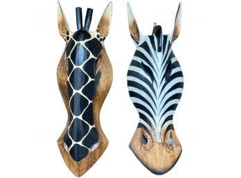 (2) Wooden Hand Painted Giraffe And Zebra Masks For Wall Decor. Each Stands 15 Inches